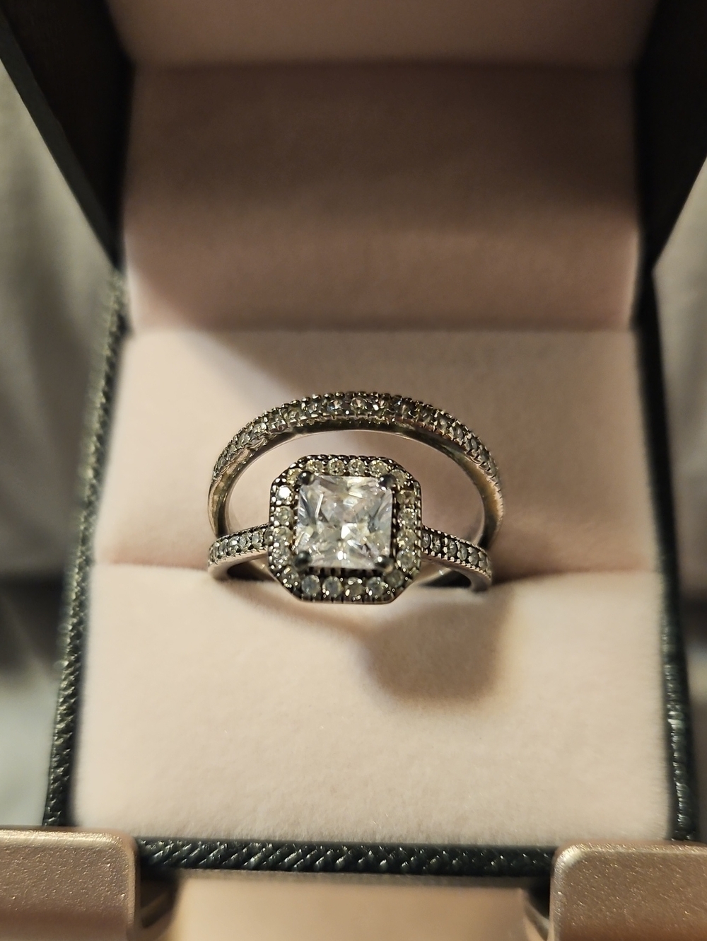 Sterling Silver Halo Square-Cut Engagement Ring Set - White Crystal